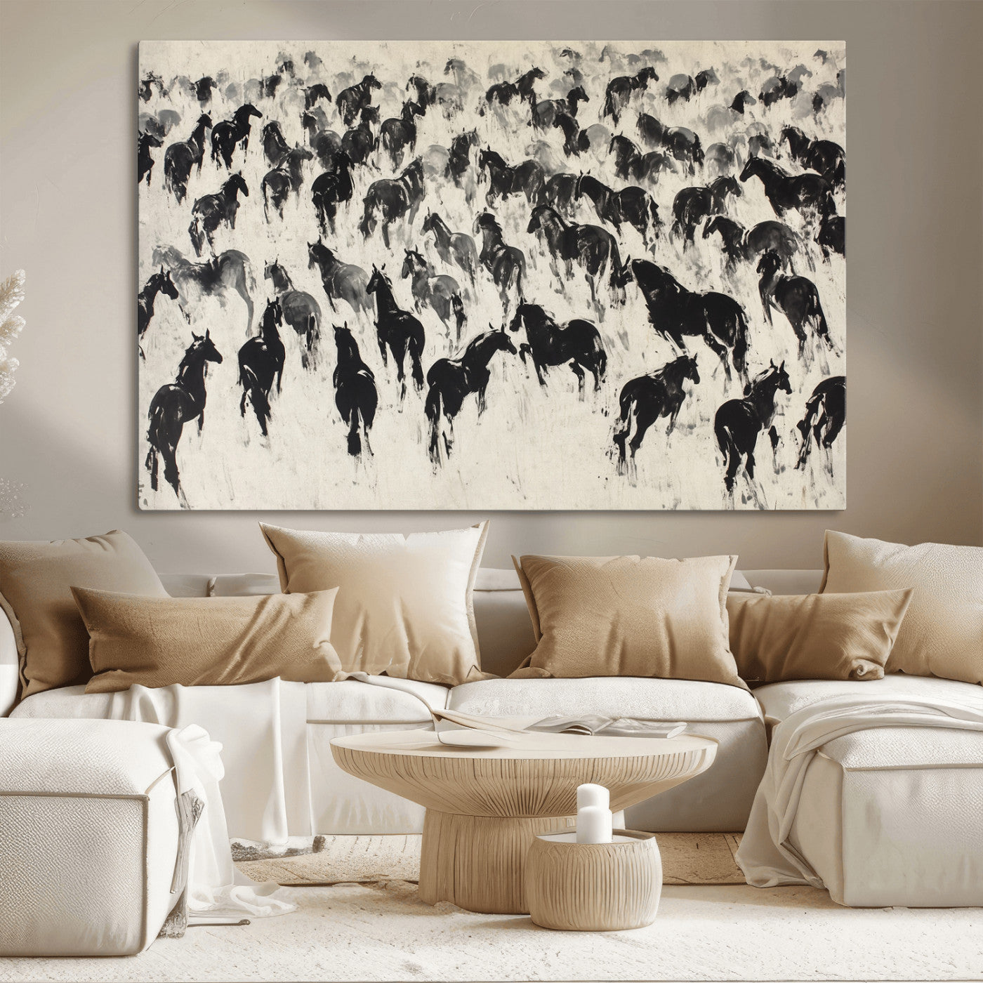 29265745-MGV-CV-36X24-Wild Horse Herd Wall Art – Black and White Galloping Horses Canvas Print, Rustic Western Farmhouse Décor for Living Room, Bedroom,