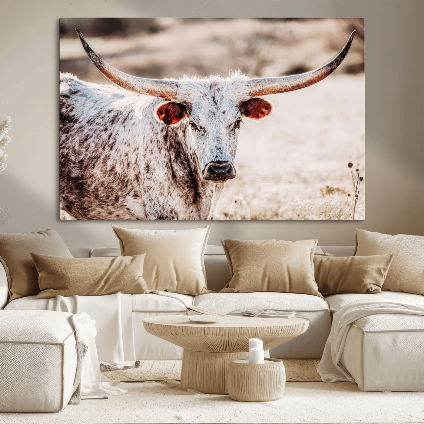 72388892-MGV-CV-36X24-Texas Longhorn Wall Art – Rustic Western Canvas Print, Cowboy Style Farmhouse Bull Artwork for Living Room, Ranch, Office or Man