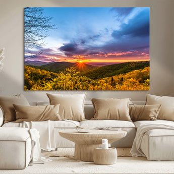 25786346-MGV-CV-36X24-Sunset Over Mountains Wall Art – Nature Landscape Canvas Print, Golden Hour Forest Photography, Scenic Sunrise Artwork for Living