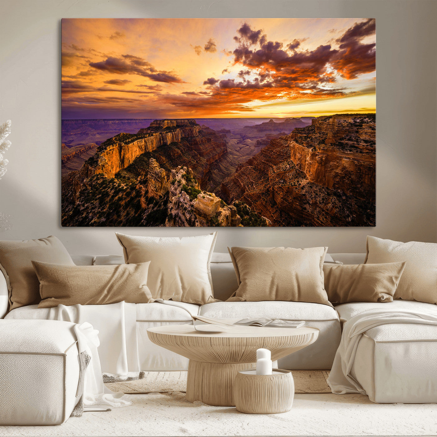 75573843-MGV-CV-36X24-Grand Canyon Sunset Wall Art – Panoramic Canyon Landscape Canvas Print, Dramatic Desert Cliffs Artwork, Nature Inspired Scenic