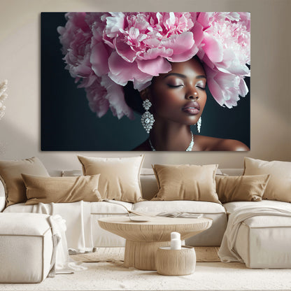 35482880-MGV-CV-36X24-Floral Portrait Wall Art – Elegant Woman with Pink Peony Headpiece Canvas Print, Luxury Fashion Inspired Artwork, Modern Glam