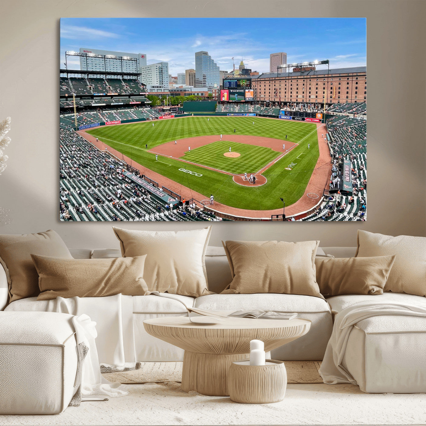 76426407-MGV-CV-36X24-Baseball Stadium Daytime – Panoramic Ballpark Canvas Wall Art, Sports Decor for Office, Man Cave, Game Room, Sports Bar, Baseball