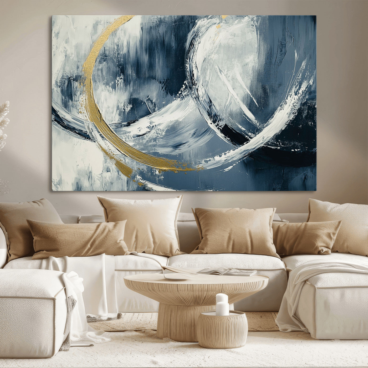 97295757-MGV-CV-36X24-Abstract Blue and Gold Wall Art – Modern Luxury Canvas Print, Navy White Brushstroke Painting, Contemporary Living Room Office