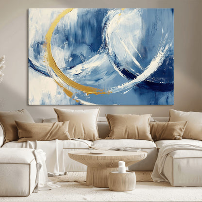 42475677-MGV-CV-36X24-Blue and Gold Abstract Wall Art – Modern Luxury Canvas Print, Navy White Brushstroke Painting, Contemporary Home Office Living