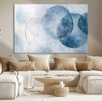 47060443-MGV-CV-36X24-Blue Abstract Circle Wall Art – Modern Gold and Navy Canvas Print, Minimalist Geometric Painting for Living Room, Bedroom, Office