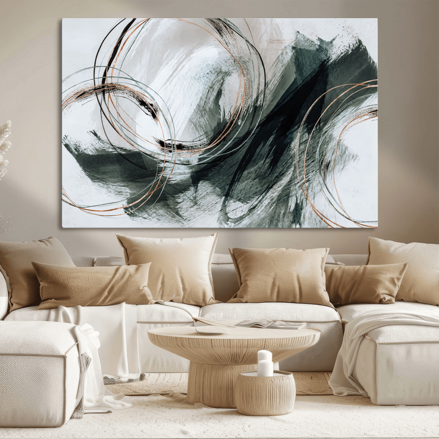 86583265-SEG-FC-90X60_Oversize_Oversize-Black and Gray Abstract Wall Art – Modern Copper Circle Canvas Print, Contemporary Minimalist Painting for Living Room, Bedroom,