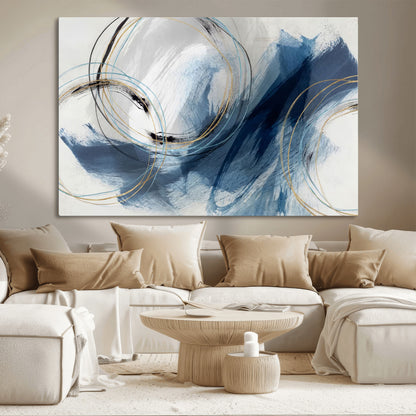 49589477-MGV-CV-36X24-Blue Abstract Wall Art – Modern Circle Canvas Print with Gold and Black Accents, Contemporary Fluid Brushstroke Painting for