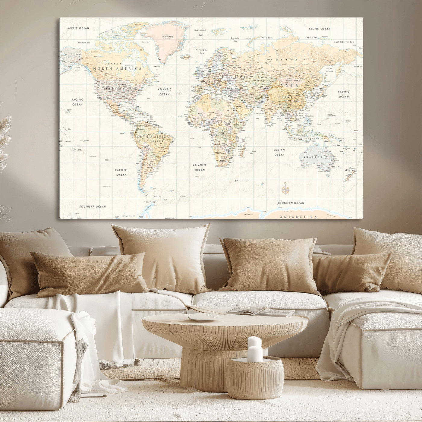 40660043-MGV-CV-36X24-World Map Wall Art – Large Detailed Atlas Style Map Print with Countries, Cities, and Oceans, Neutral Beige and Tan Educational