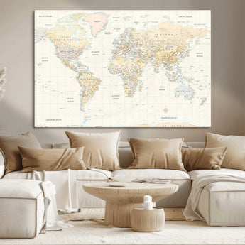 40660043-MGV-CV-36X24-World Map Wall Art – Large Detailed Atlas Style Map Print with Countries, Cities, and Oceans, Neutral Beige and Tan Educational