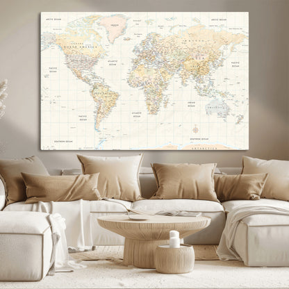 40660043-MGV-CV-36X24-World Map Wall Art – Large Detailed Atlas Style Map Print with Countries, Cities, and Oceans, Neutral Beige and Tan Educational