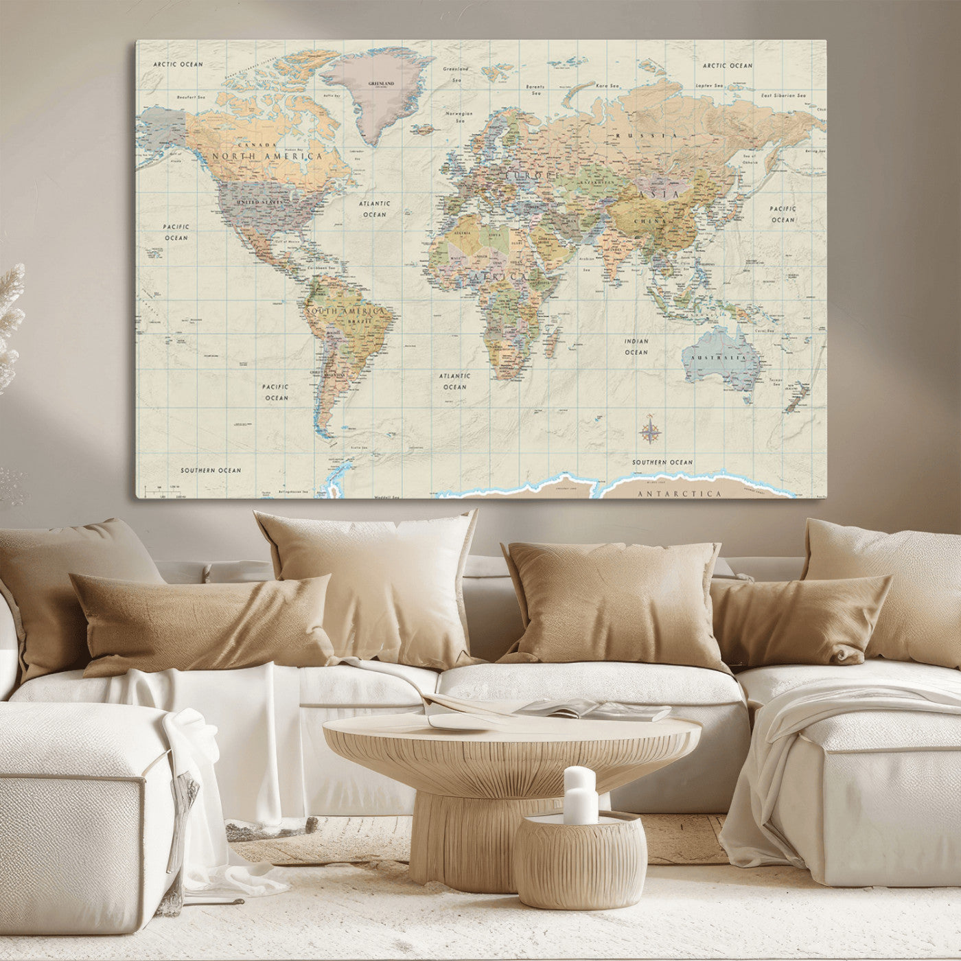 41929777-MGV-CV-36X24-World Map Wall Art – Large Detailed Political Atlas Style Map Print with Countries, Cities, and Oceans, Warm Earth Tone