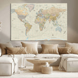 41929777-MGV-CV-36X24-World Map Wall Art – Large Detailed Political Atlas Style Map Print with Countries, Cities, and Oceans, Warm Earth Tone