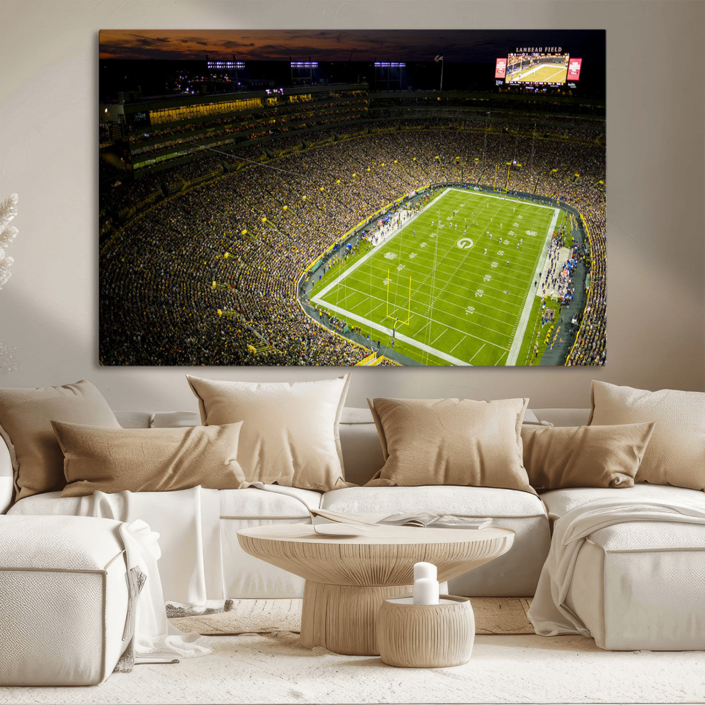 23655234-MGV-CV-36X24-Lambeau Field Stadium Wall Art – American Football Night Game Canvas Print with Packed Crowd and Lights – Sports Decor for Man