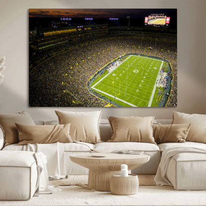 23655234-MGV-CV-36X24-Lambeau Field Stadium Wall Art – American Football Night Game Canvas Print with Packed Crowd and Lights – Sports Decor for Man