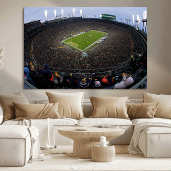14387817-MGV-CV-36X24-Lambeau Field Stadium Wall Art – Green Bay Packers Game Day Canvas Print with Fireworks and Crowd – NFL Football Fan Man Cave