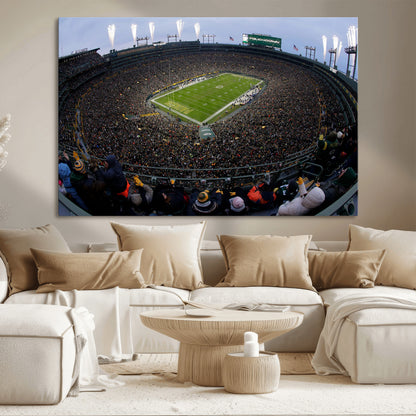 14387817-MGV-CV-36X24-Lambeau Field Stadium Wall Art – Green Bay Packers Game Day Canvas Print with Fireworks and Crowd – NFL Football Fan Man Cave
