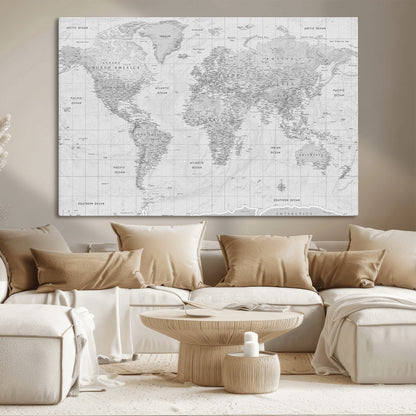 10516725-MGV-CV-36X24-Black and White World Map Wall Art – Minimalist Grayscale Canvas Print – Modern Detailed Travel Map Poster for Home, Office, or