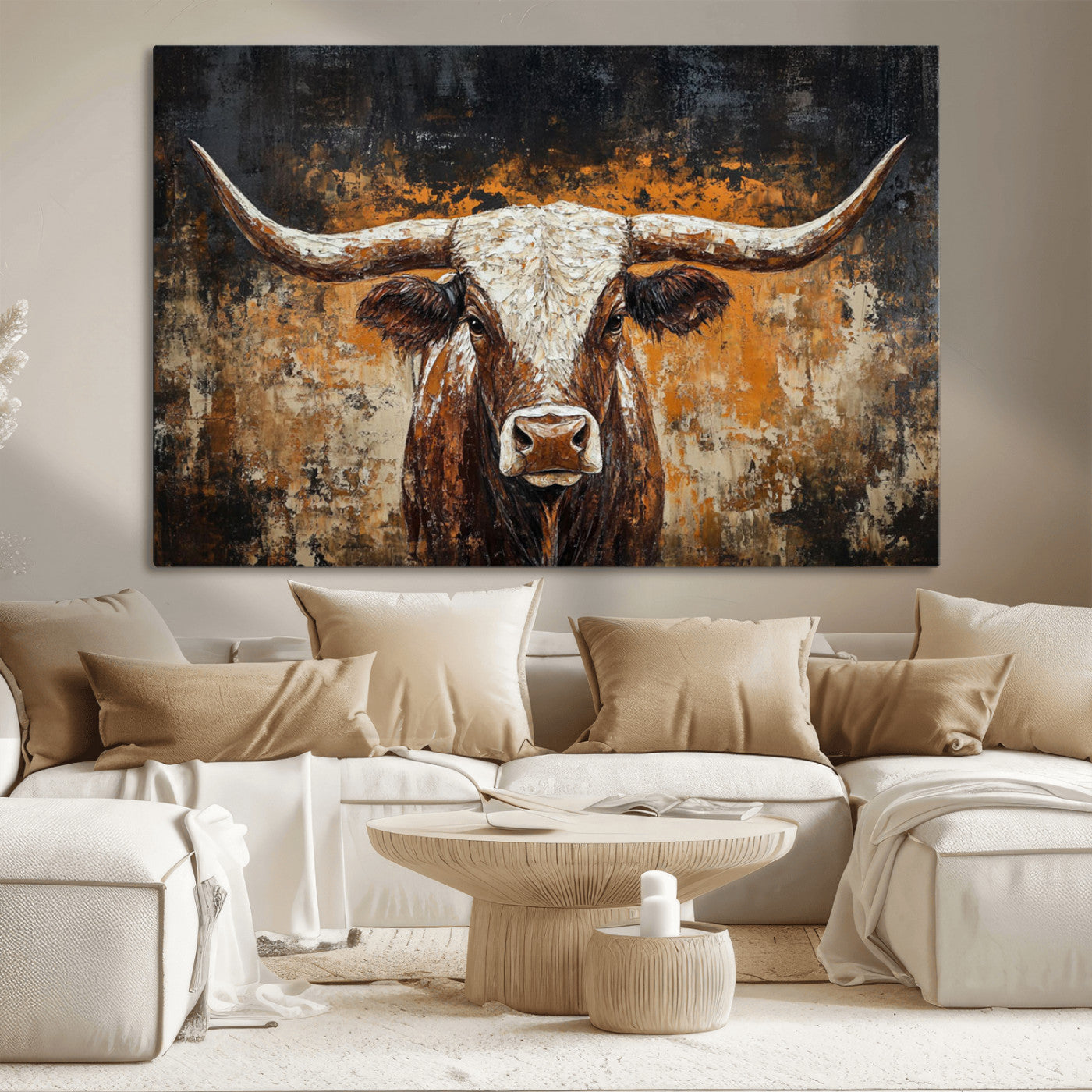 25265572-MGV-CV-36X24-Longhorn Bull Wall Art – Rustic Western Texas Steer Canvas Print, Textured Animal Painting for Home, Office, Man Cave or Farmhouse