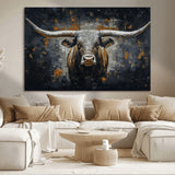 93195031-MGV-CV-36X24-Dark Longhorn Bull Wall Art – Western Steer Canvas Print, Moody Rustic Animal Painting for Man Cave, Ranch House, Office or Modern