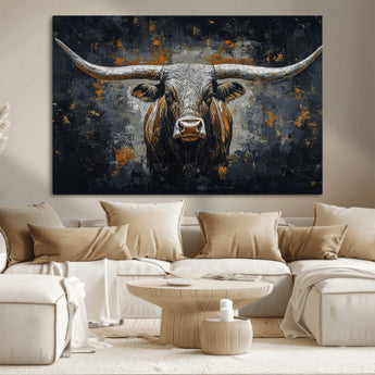 93195031-MGV-CV-36X24-Dark Longhorn Bull Wall Art – Western Steer Canvas Print, Moody Rustic Animal Painting for Man Cave, Ranch House, Office or Modern