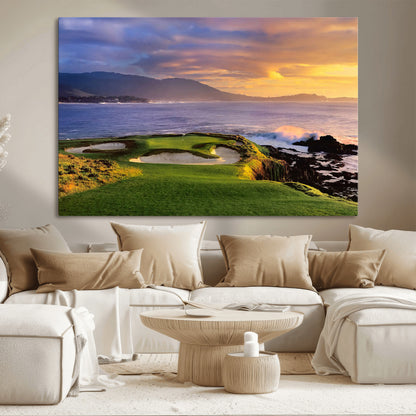 39644075-MGV-CV-36X24-Golf Course Wall Art – Coastal Sunset Canvas Print, Scenic Oceanfront Fairway Landscape Decor for Office, Man Cave, or Living Room