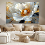 39604126-MGV-CV-36X24-Abstract Flower Wall Art – Elegant White and Gold Bloom Canvas Print, Modern Floral Artwork for Bedroom, Living Room, or Office