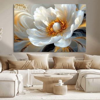 39604126-MGV-CV-36X24-Abstract Flower Wall Art – Elegant White and Gold Bloom Canvas Print, Modern Floral Artwork for Bedroom, Living Room, or Office