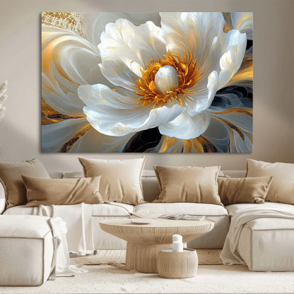 39604126-MGV-CV-36X24-Abstract Flower Wall Art – Elegant White and Gold Bloom Canvas Print, Modern Floral Artwork for Bedroom, Living Room, or Office