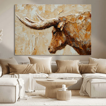69611428-MGV-CV-36X24-Longhorn Bull Wall Art – Rustic Western Canvas Print, Textured Farmhouse Cattle Painting for Living Room, Office, or Ranch House