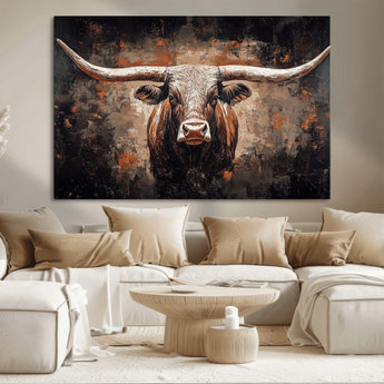24779067-MGV-CV-36X24-Longhorn Bull Wall Art – Western Rustic Canvas Print, Bold Cowboy Cattle Painting for Ranch House, Farmhouse, Office, or Living