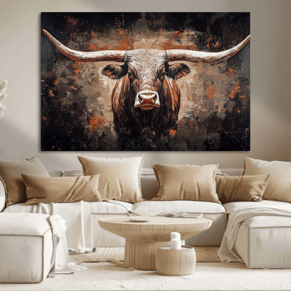 24779067-MGV-CV-36X24-Longhorn Bull Wall Art – Western Rustic Canvas Print, Bold Cowboy Cattle Painting for Ranch House, Farmhouse, Office, or Living
