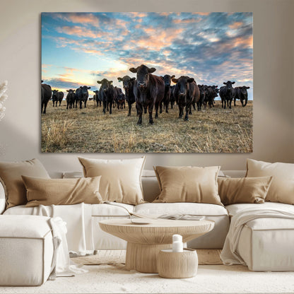 13867292-MGV-CV-36X24-Black Cattle Wall Art – Rustic Ranch Herd Canvas Print, Western Farmhouse Country Landscape Decor for Living Room, Office, or