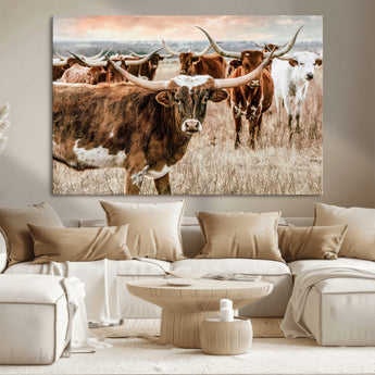 47758300-MGV-CV-36X24-Texas Longhorn Cattle Wall Art – Rustic Western Herd Canvas Print, Cowboy Ranch Farmhouse Decor for Living Room, Office, or