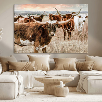 47758300-MGV-CV-36X24-Texas Longhorn Cattle Wall Art – Rustic Western Herd Canvas Print, Cowboy Ranch Farmhouse Decor for Living Room, Office, or