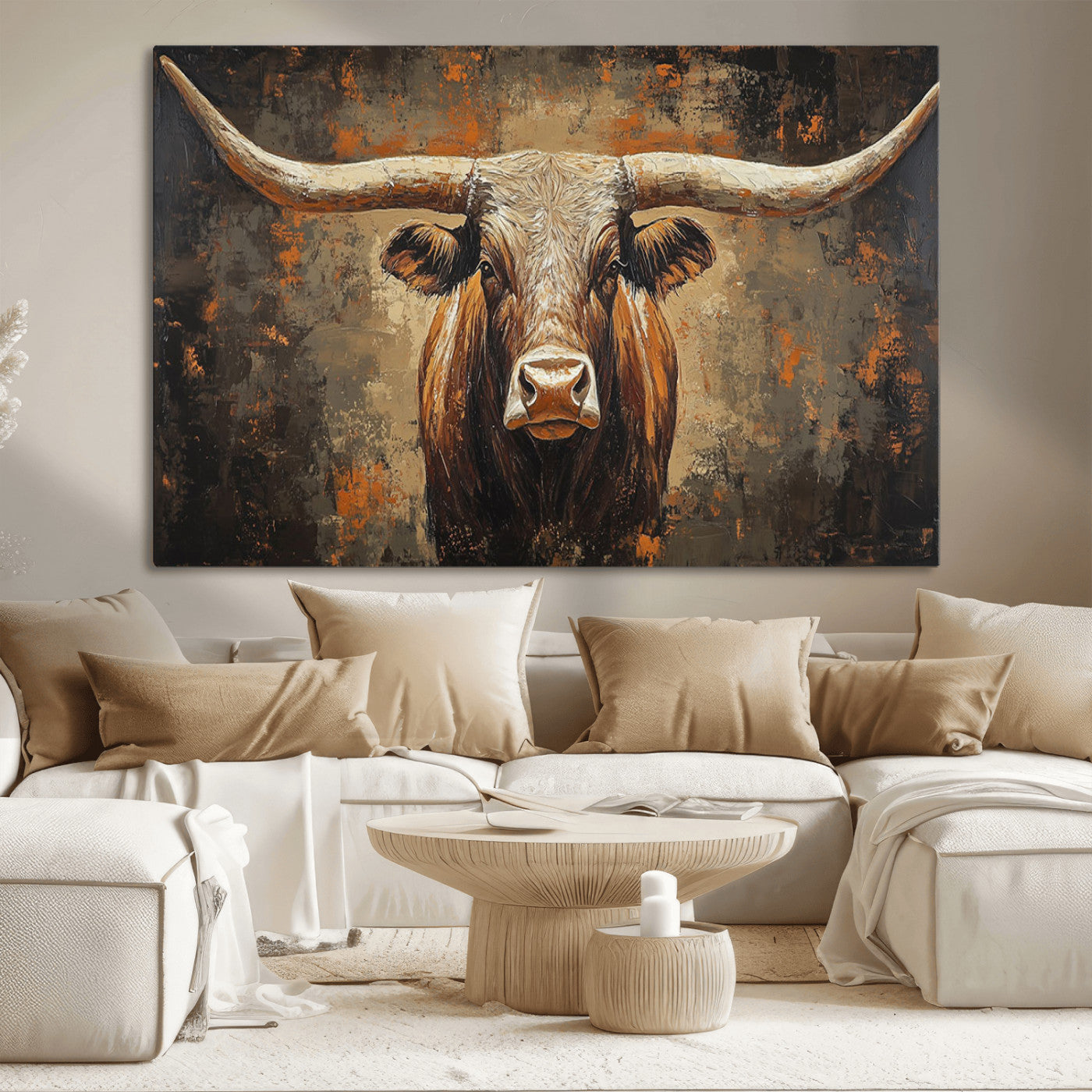 19204445-MGV-CV-36X24-Texas Longhorn Bull Wall Art – Rustic Western Canvas Print, Bold Cowboy Cattle Painting for Ranch House, Farmhouse, Office, or