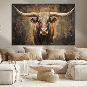 19204445-MGV-CV-36X24-Texas Longhorn Bull Wall Art – Rustic Western Canvas Print, Bold Cowboy Cattle Painting for Ranch House, Farmhouse, Office, or
