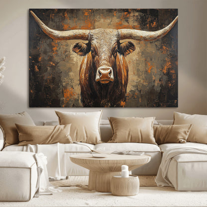 19204445-MGV-CV-36X24-Texas Longhorn Bull Wall Art – Rustic Western Canvas Print, Bold Cowboy Cattle Painting for Ranch House, Farmhouse, Office, or
