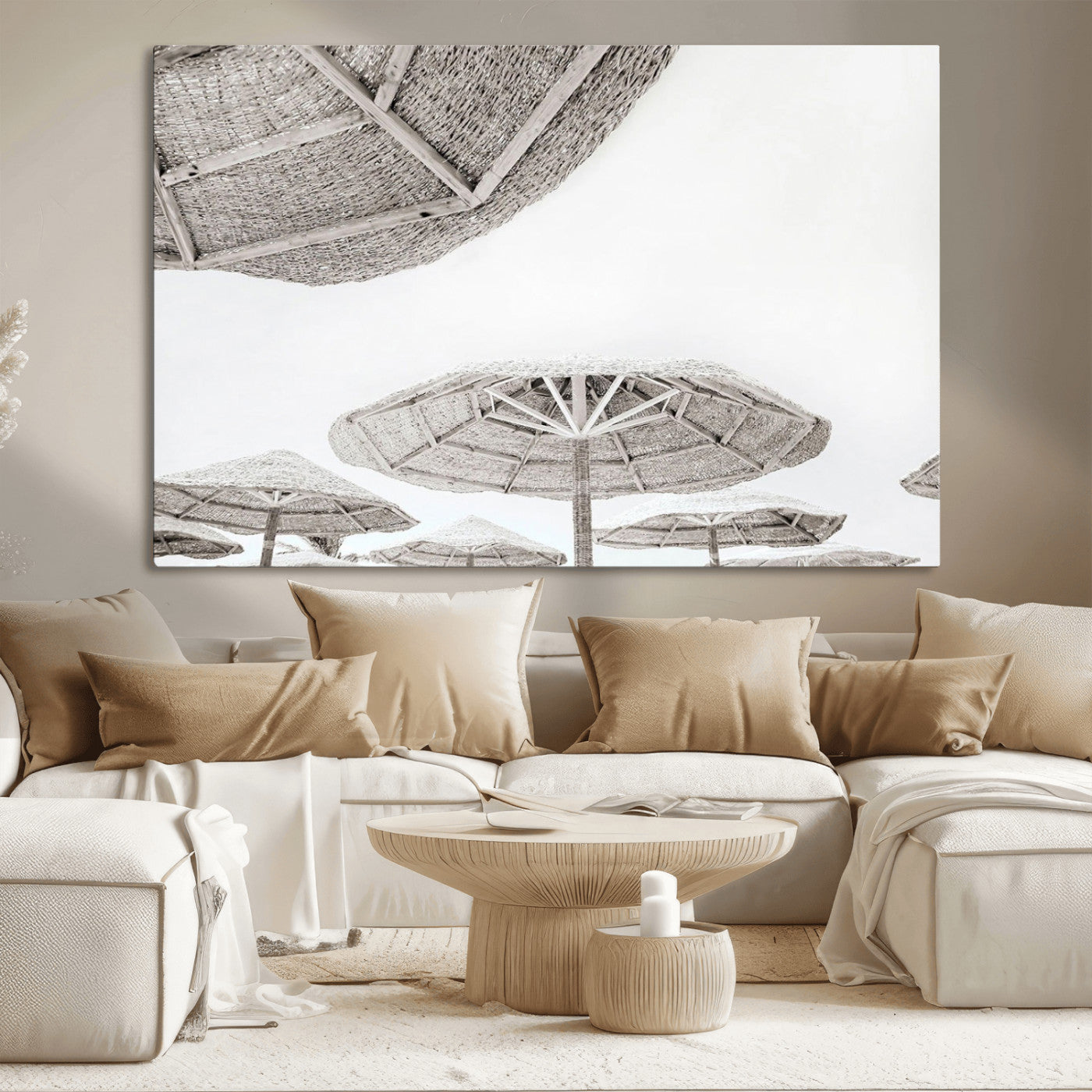 97043123-MGV-CV-36X24-Beach Umbrella Wall Art – Minimalist Coastal Canvas Print, Woven Parasol Summer Decor for Bedroom, Living Room, or Modern Beach