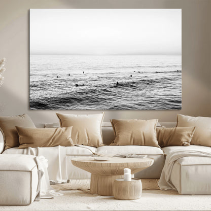 47208268-MGV-CV-36X24-Surfer Ocean Wall Art – Black and White Coastal Canvas Print, Minimalist Surfing Seascape Decor for Living Room, Bedroom, or Beach