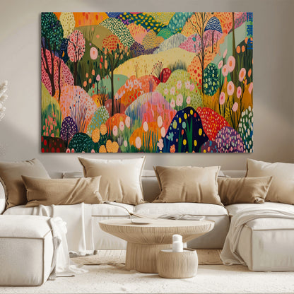 79636380-MGV-CV-36X24-Colorful Abstract Landscape Wall Art – Vibrant Hills and Flowers Canvas Print, Modern Whimsical Artwork for Living Room, Bedroom,