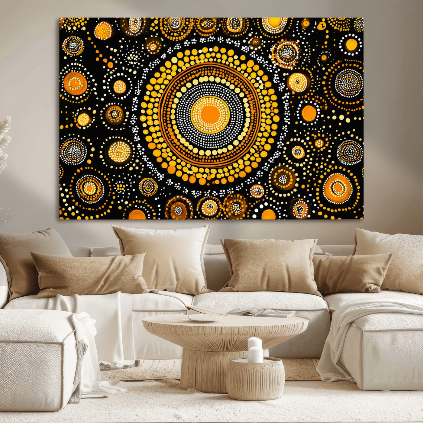 45478523-MGV-CV-36X24-Abstract Circle Wall Art – Bold Black and Gold Dot Painting Canvas Print, Modern Geometric Mandala Style Decor for Living Room or