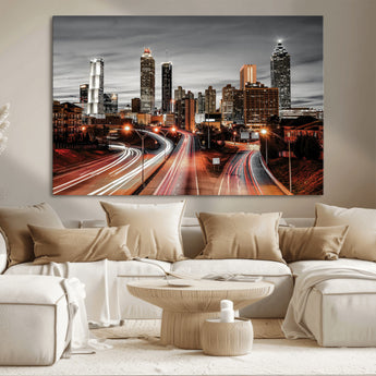 59097239-MGV-CV-36X24-City Skyline Wall Art – Modern Black and White Night Canvas Print with Red Light Trails, Urban Landscape Decor for Living Room or