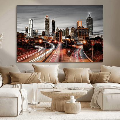 59097239-MGV-CV-36X24-City Skyline Wall Art – Modern Black and White Night Canvas Print with Red Light Trails, Urban Landscape Decor for Living Room or