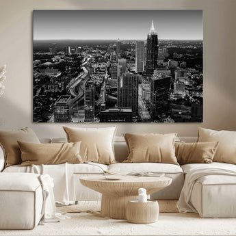 46578567-MGV-CV-36X24-Atlanta Skyline Wall Art – Black and White Cityscape Canvas Print, Modern Urban Night Decor for Office, Living Room, or Apartment