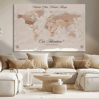 95243244-MGV-CV-36X24-Wander Often Wonder Always World Map Wall Art – Neutral Beige Adventure Canvas Print, Rustic Boho Travel Decor for Bedroom, Living
