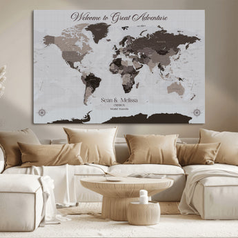 43749658-MGV-CV-36X24-Welcome to Great Adventure World Map Wall Art – Charcoal Gray Canvas Print, Rustic Travel Decor for Living Room, Study, Office or