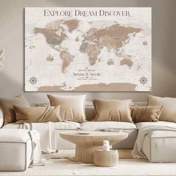 63516865-MGV-CV-36X24-Explore Dream Discover World Map Wall Art – Inspirational Travel Adventure Canvas Print, Neutral Parchment Style Explorer Decor