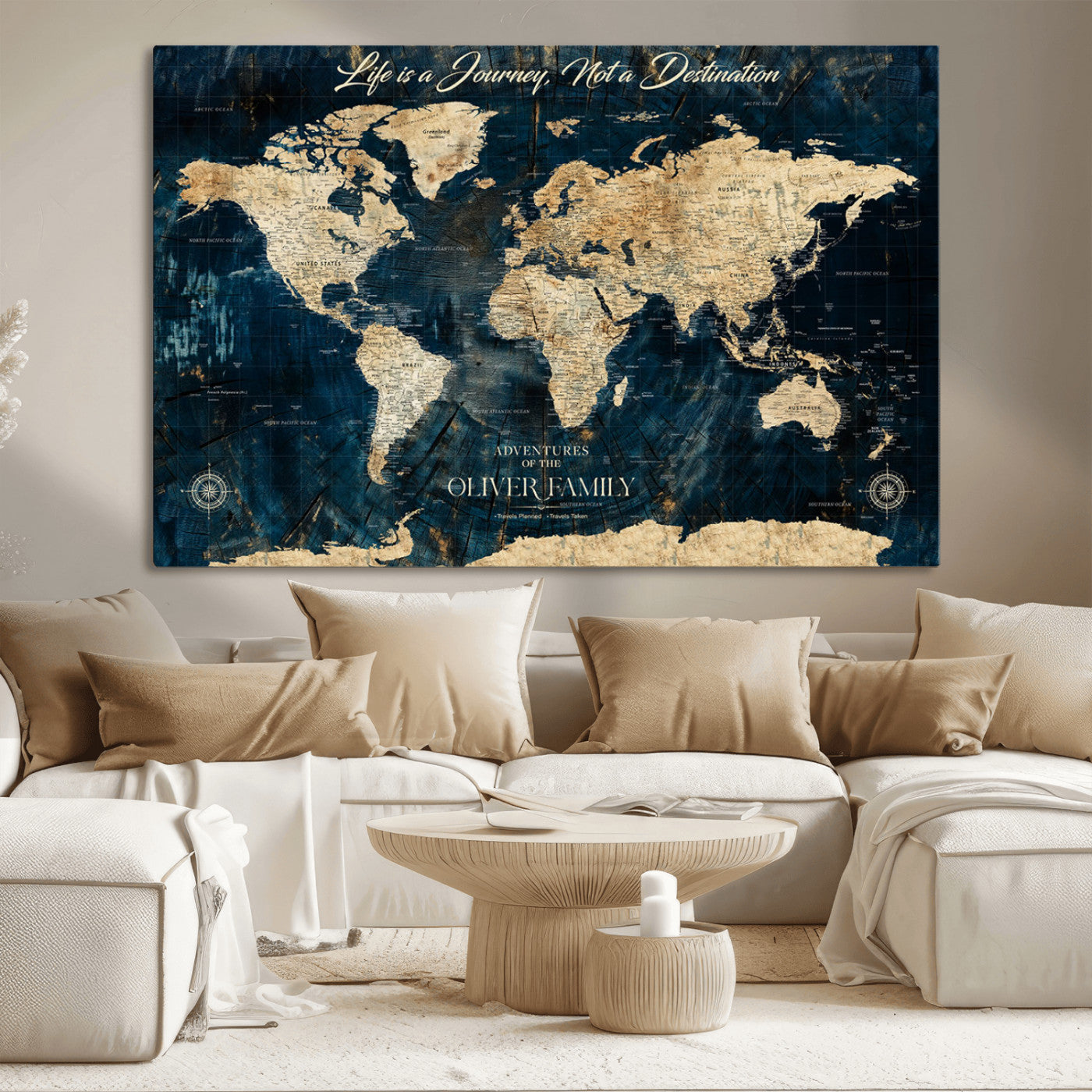 36970886-MGV-CV-36X24-Life is a Journey Not a Destination World Map Rustic Navy Beige Vintage Travel Wall Art Adventure Quote Canvas Print for Home