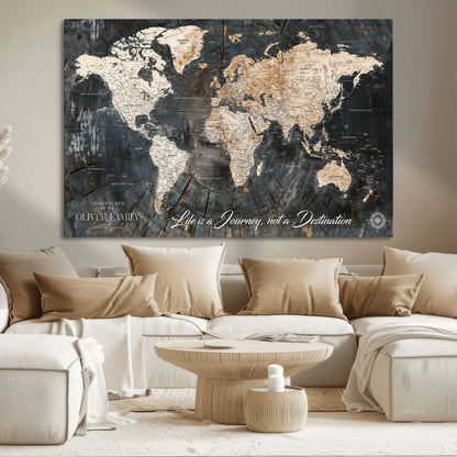 37848568-MGV-CV-36X24-Life is a Journey Not a Destination World Map Rustic Wood Texture Vintage Beige Navy Adventure Wall Art Canvas Print for Home