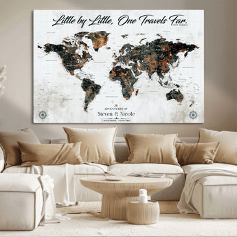 88337180-MGV-CV-36X24-Little by Little One Travels Far Tolkien Quote World Map Rustic Black Brown Adventure Wall Art Canvas Print for Home Office Living
